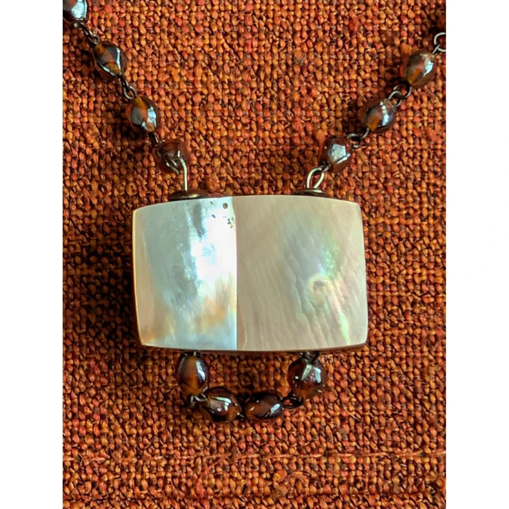 VTG Mother of‎ Pearl Shell Statement Necklace Iridescent Beaded Chain Browns MOP